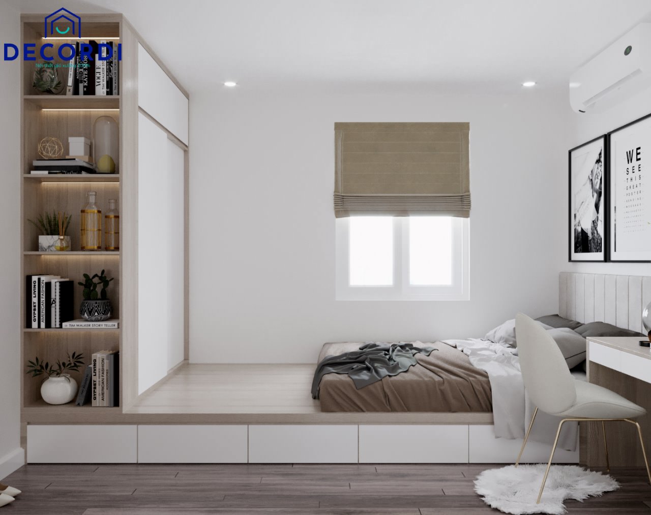 Nội thất phòng phòng ngủ 11m2 đơn giản thiết kế giường bục giúp tận dụng diện tích