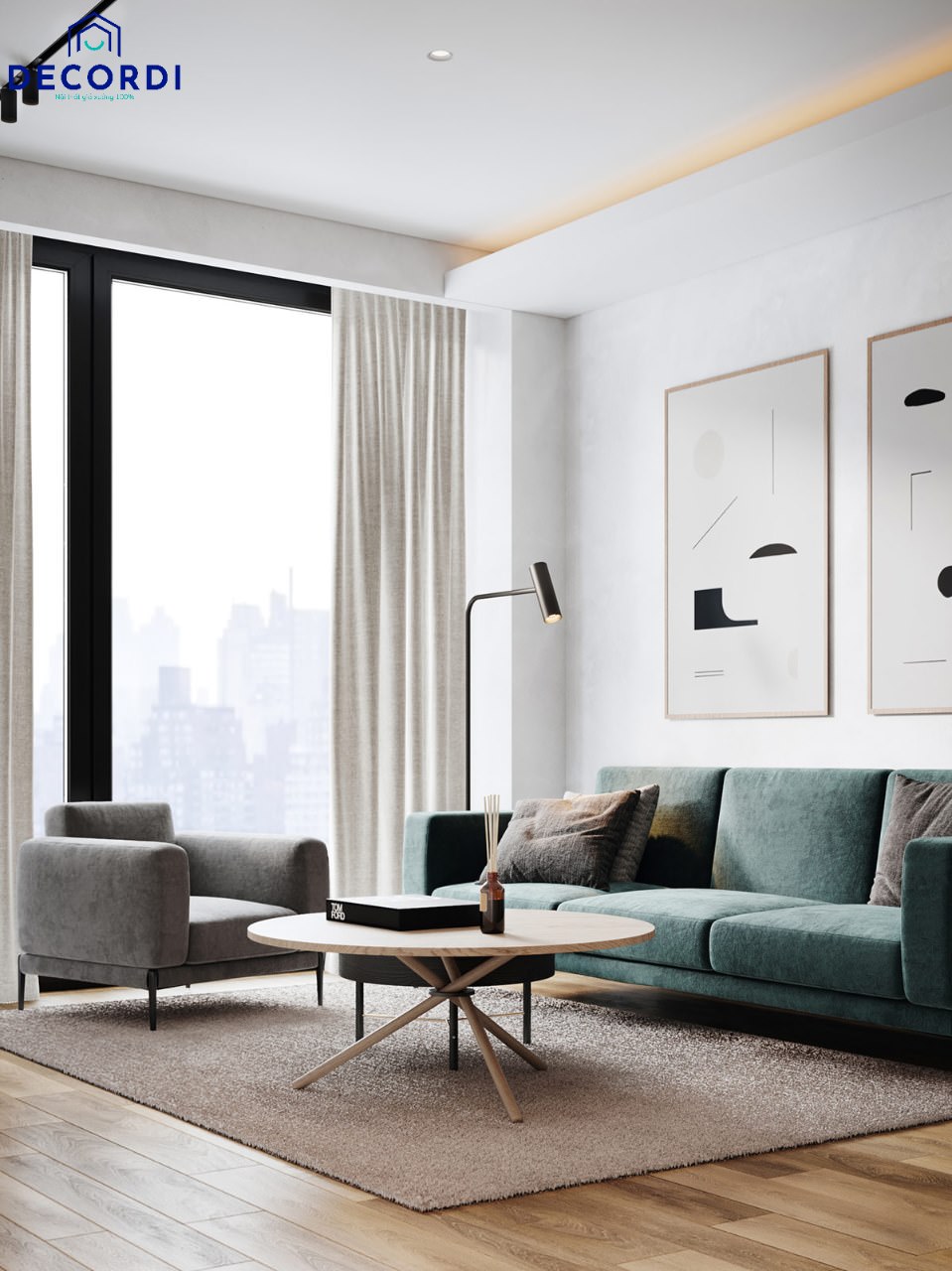 Thiết kế nội thất chung cư 65m2 đẹp hiện đại nhất 2021 1. Rem cua 2 lop phong khach 1
