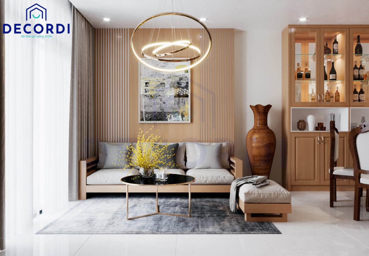 Thiết kế nội thất phòng khách chung cư đẹp bằng gỗ tự nhiên sang trọng