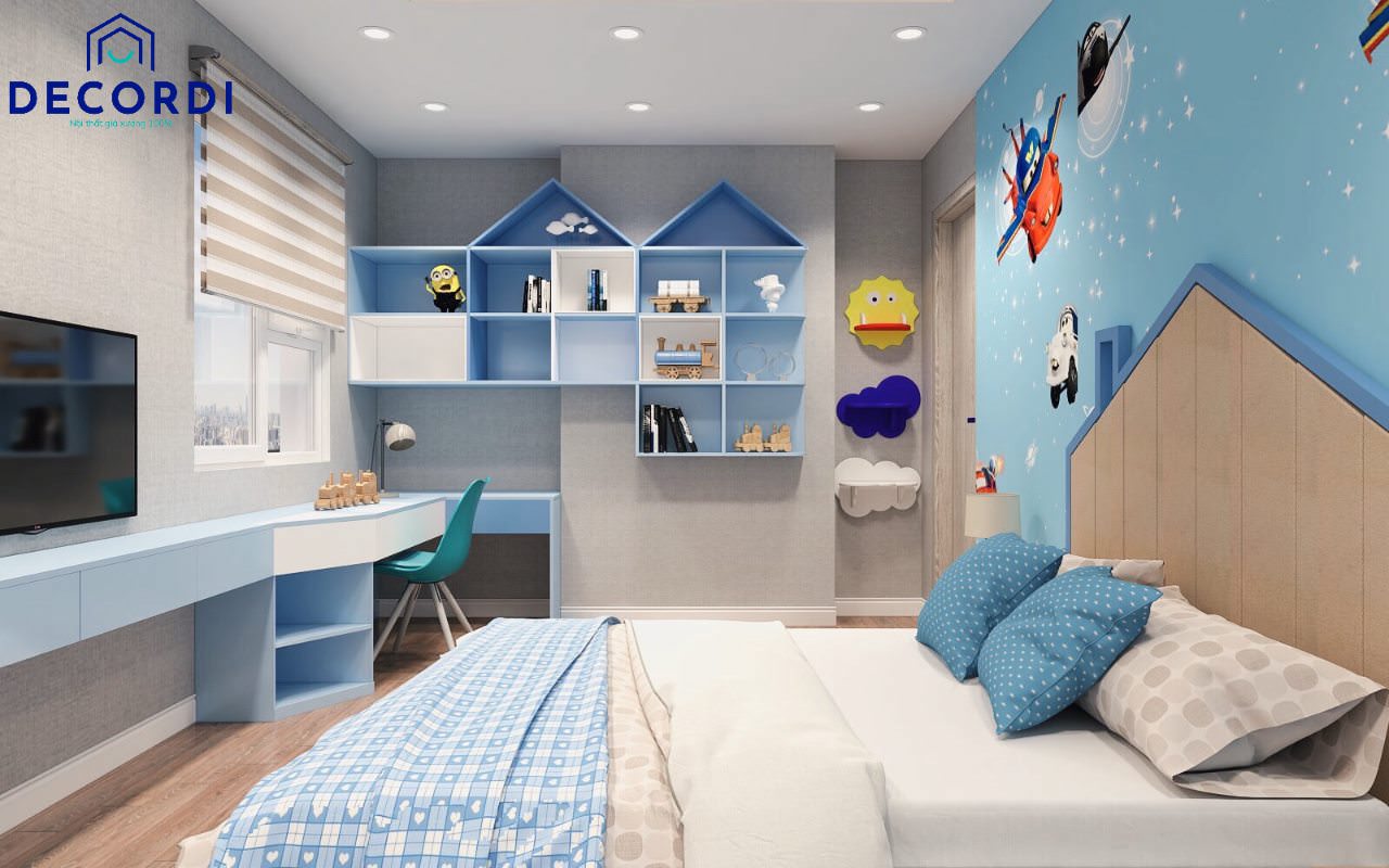 Phòng ngủ màu xanh dương năng động cho bé trai