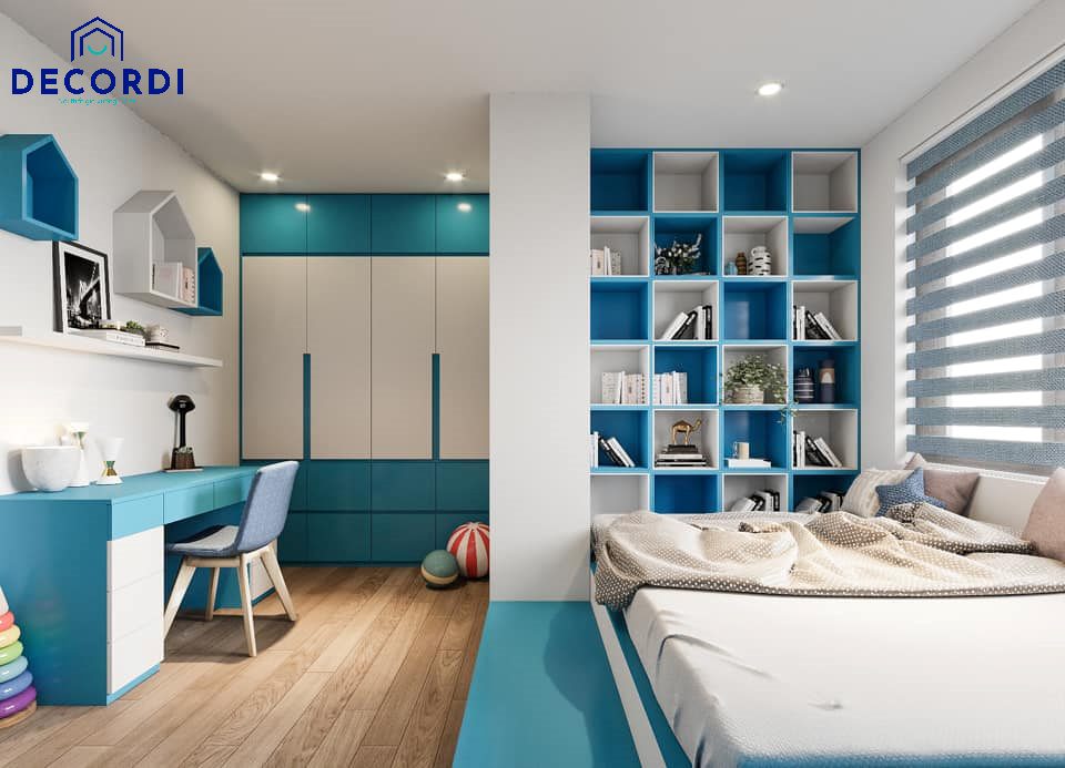 Nội thất phòng ngủ màu xanh kết hợp với trắng cùng với nội thất tiện nghi được thiết kế ấn tượng