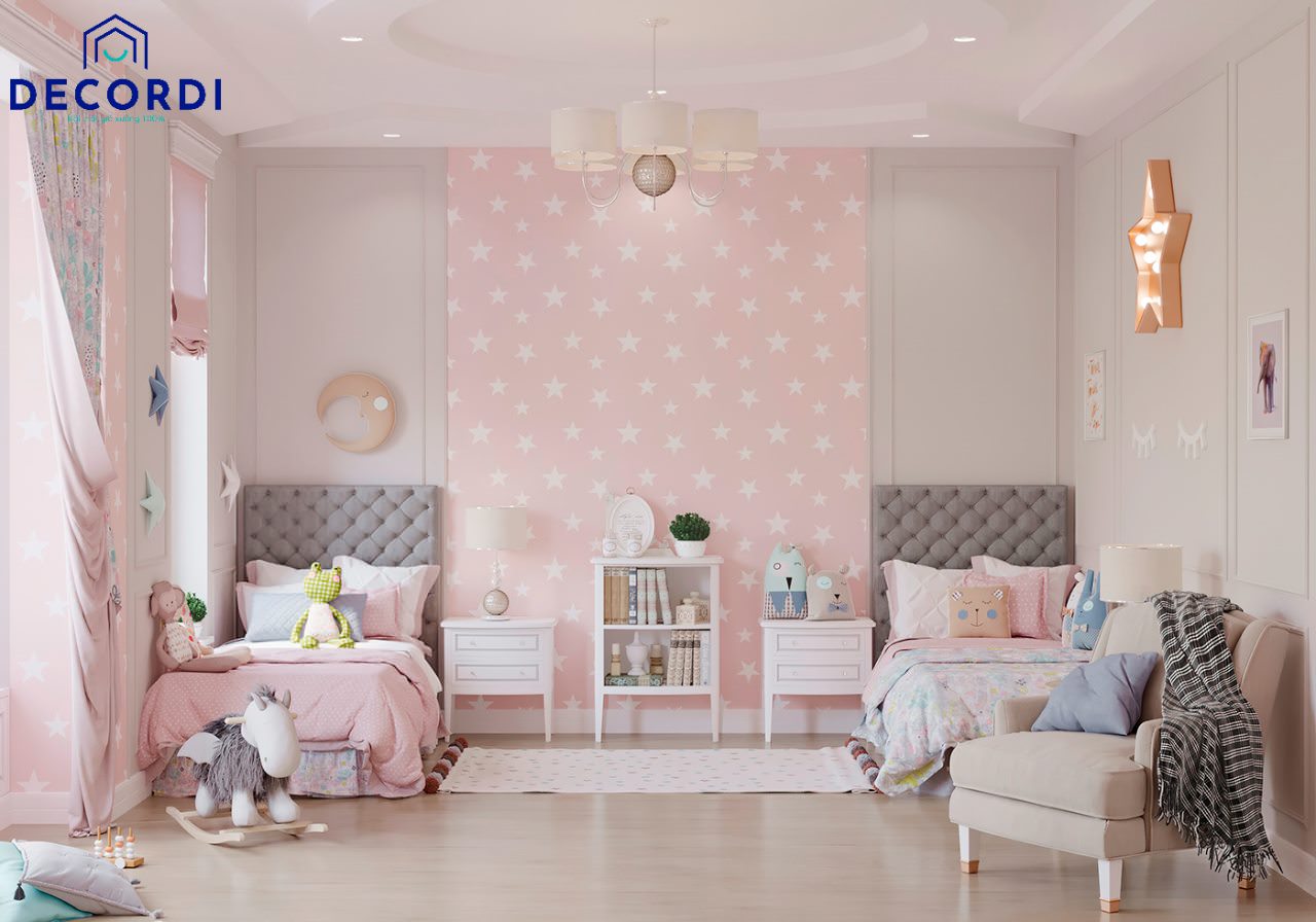 Phòng ngủ biệt thự tông màu hồng cho bé gái với diện tích rộng rãi