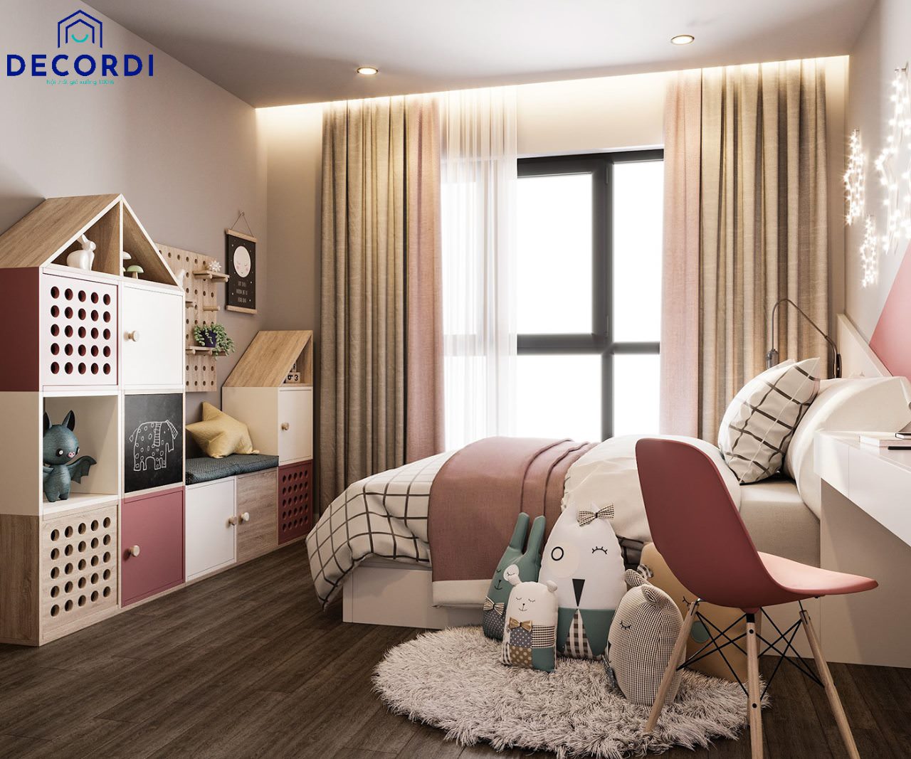 Phong cách thiết kế phòng ngủ nhỏ 9m2 thường là phong cách hiện đại, đơn giản để căn phòng không bị rối cùng gam màu trắng hồng