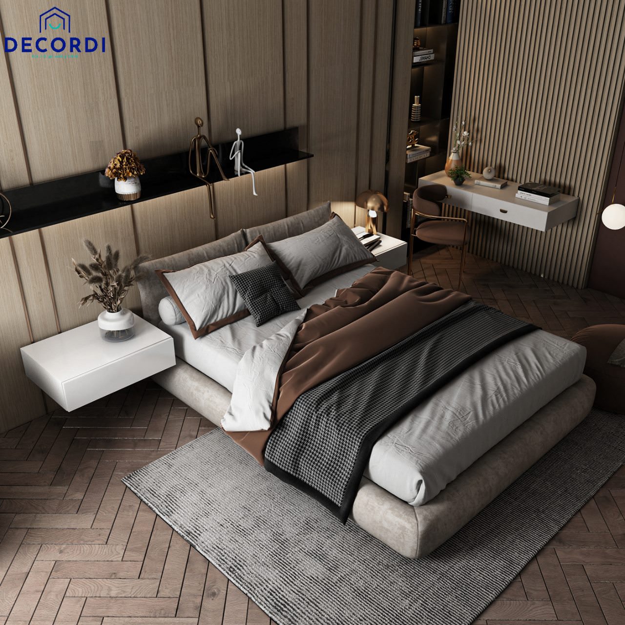 Phòng ngủ master hiện đại với gam màu trung tính tiện nghi cho chung cư