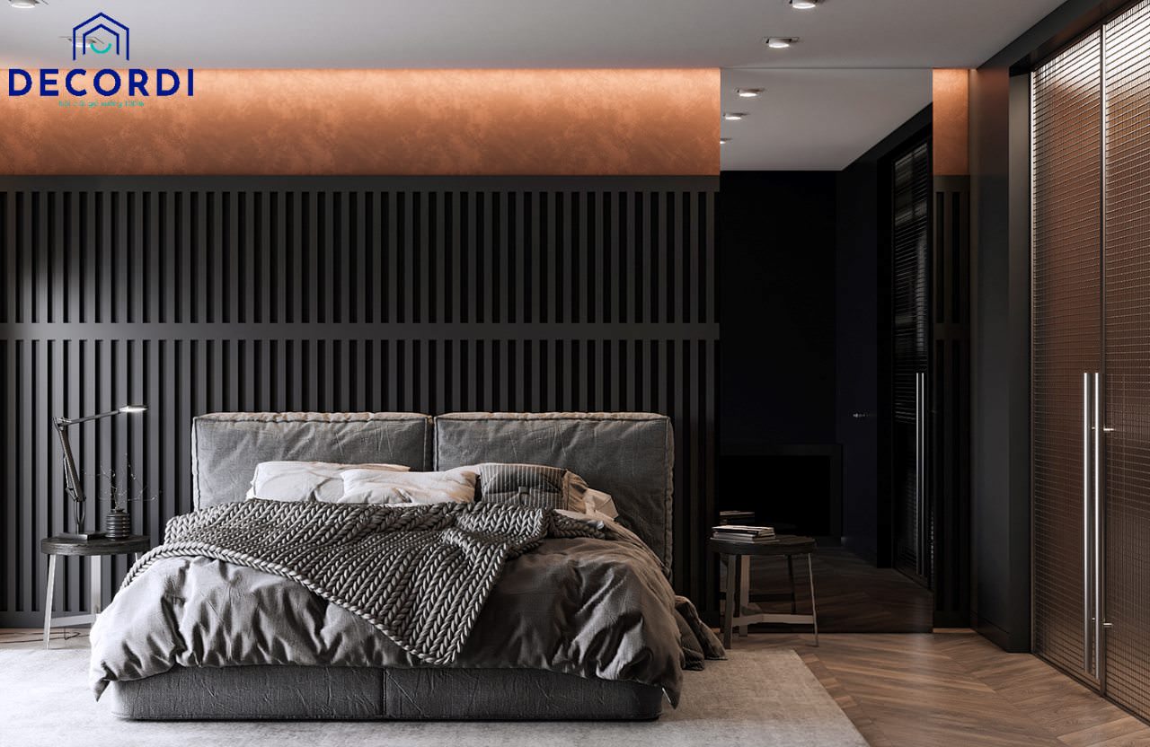 Vách ốp lam gỗ màu đen tô điểm thêm cho phòng ngủ màu xám thật cuốn hút