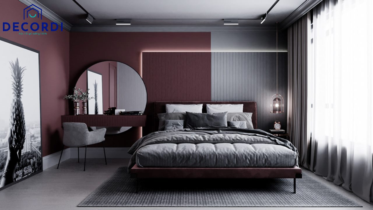 Phòng ngủ mang sắc tối màu hồng đậm kết hợp với màu xám cho căn phòng thêm huyền ảo