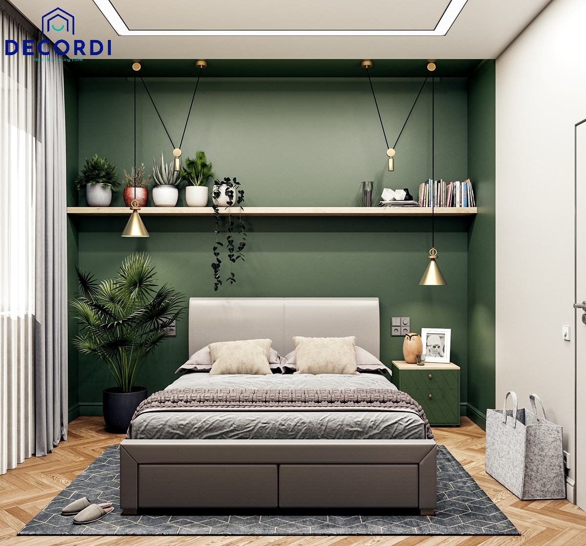  Nội thất phòng ngủ sơn tường màu xanh lá cây kết hợp với cây xanh