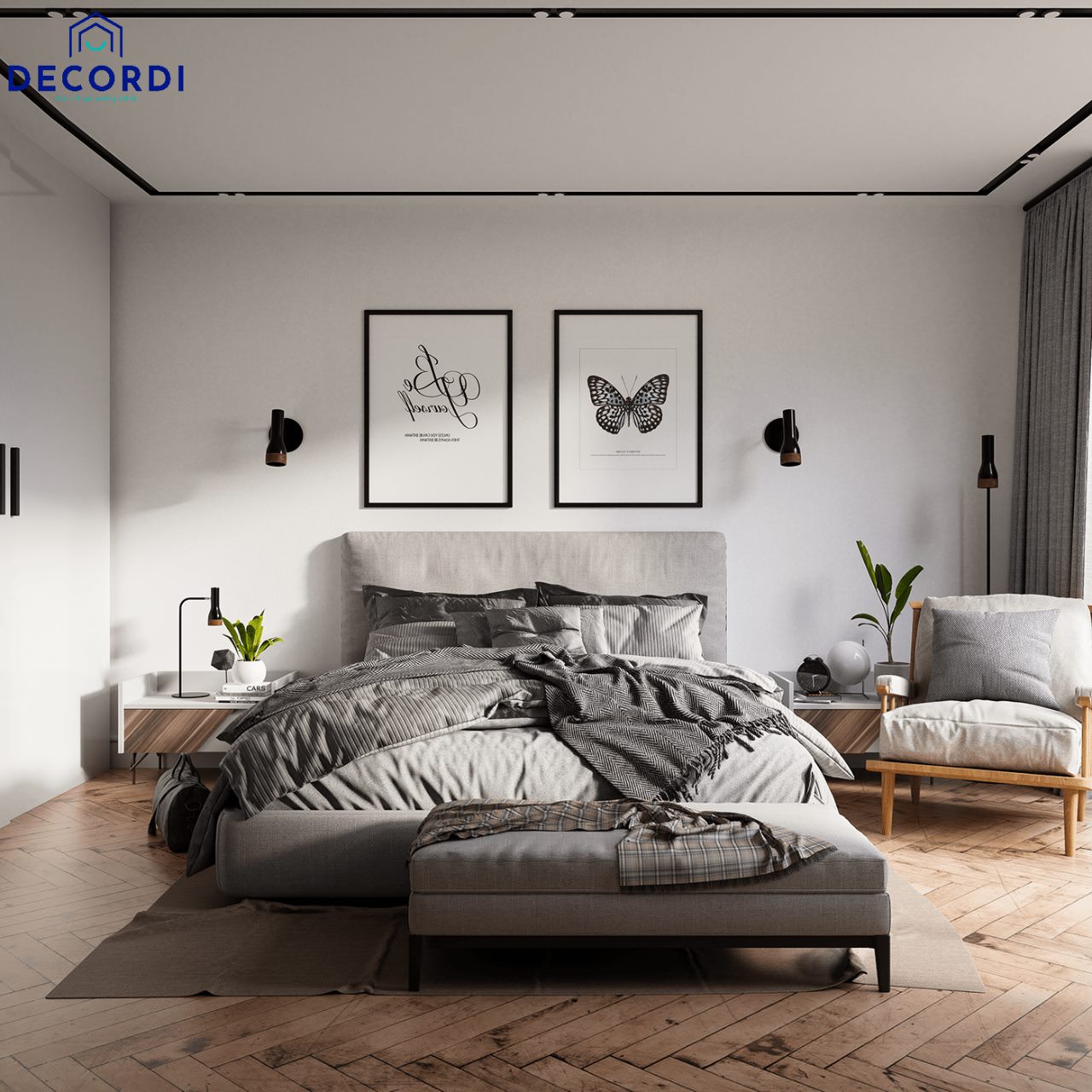 Sự kết hợp độc đáo giữa màu xám trắng cho không gian phòng ngủ hiện đại