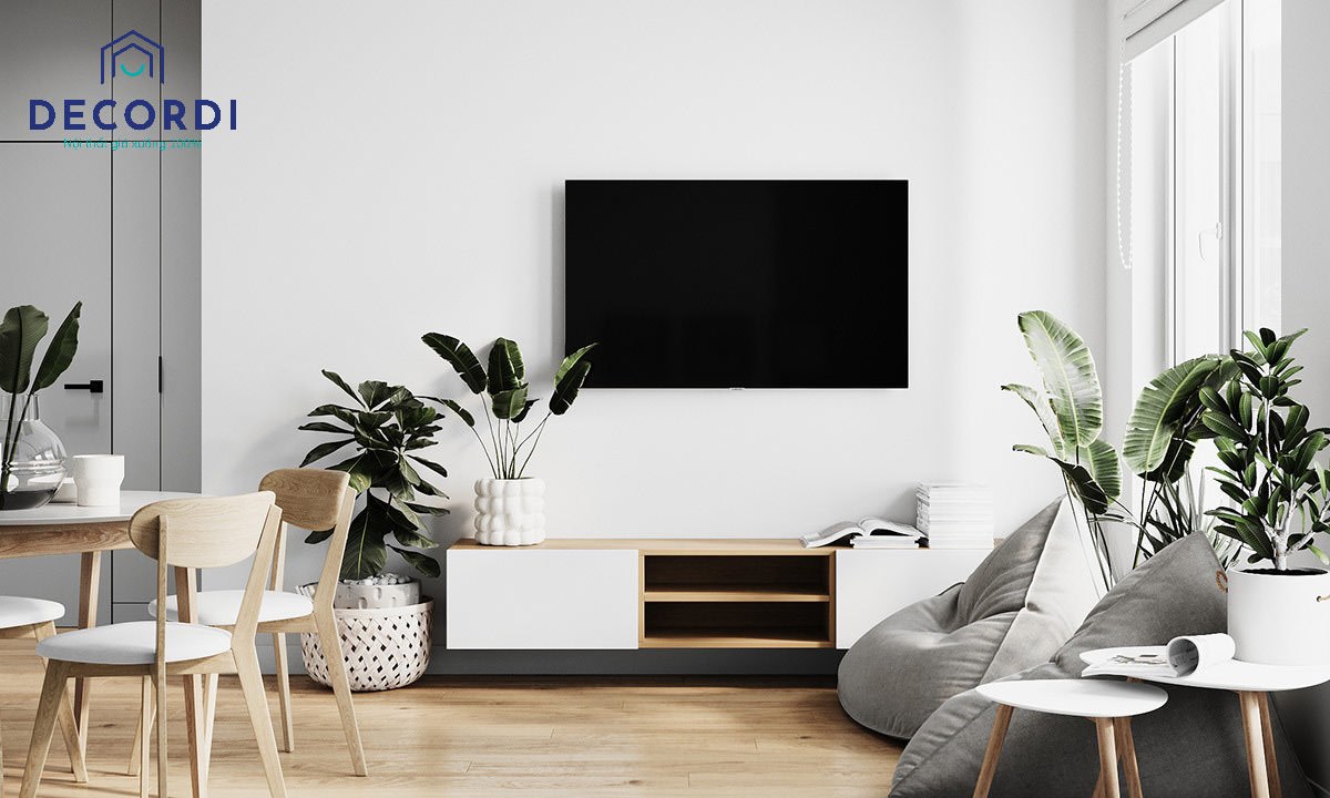 Top 5+ mẫu thiết kế nội thất chung cư 55m2 đẹp - hiện đại 2. Ke tivi treo tuong tiet kiem dien tich 3