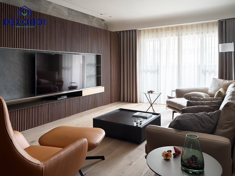30+ Mẫu thiết kế nội thất chung cư 100m2 đẹp - hiện đại nhất 2021 2. Vach op tuong sau ke tivi