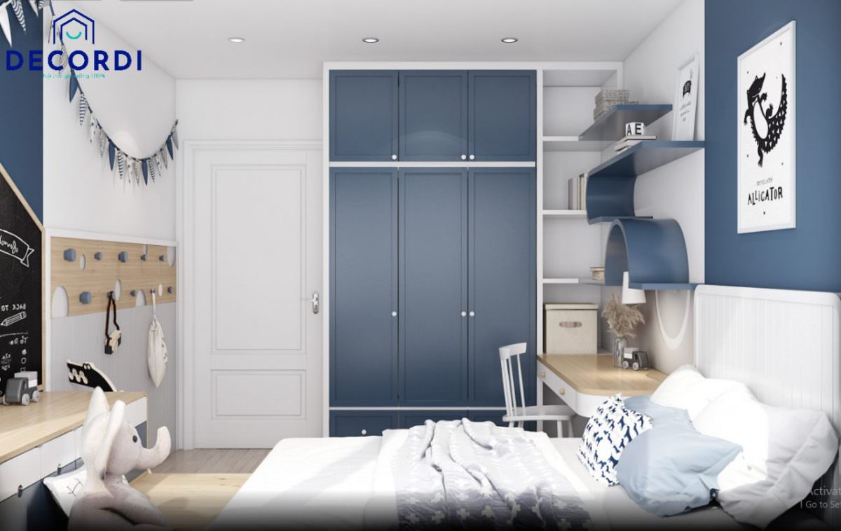 Nội thất phòng ngủ màu xanh đậm với nội thất tiện nghi và lạ mắt