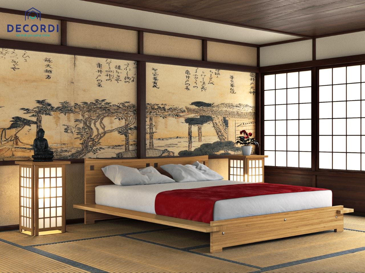 Phòng ngủ chữ L theo phong cách Nhật Bản độc đáo với điểm nhấn từ bức tranh dán tường