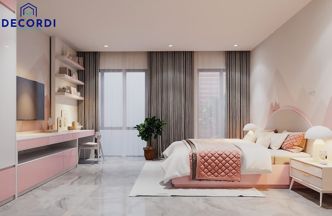 Thiết kế nội thất phòng ngủ màu hồng sang trọng, nhã nhặn cho bé gái từ 15 tuổi