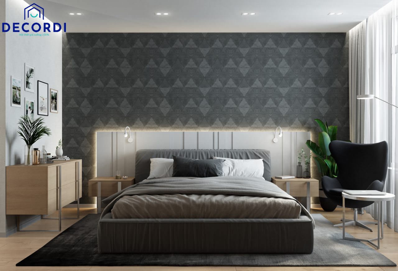 Phòng ngủ màu xám thông thoáng nhờ sự kết hợp của ánh sáng tự nhiên lẫn hệ thống đèn trong phòng