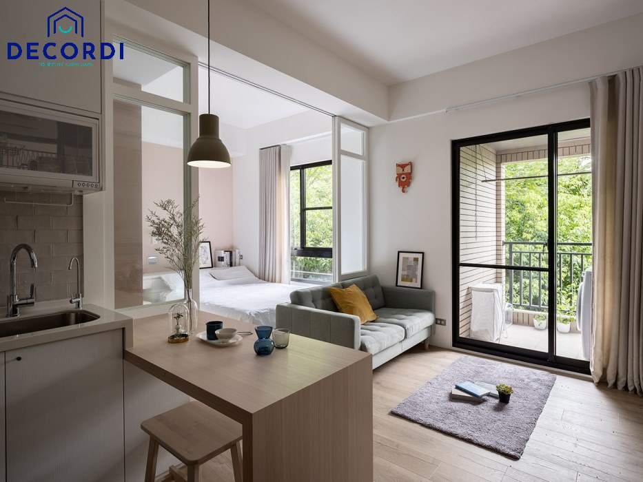 Top 7+ mẫu thiết kế nội thất chung cư 45m2 hiện đại - tiện nghi 3. Phong khach lien bep 5