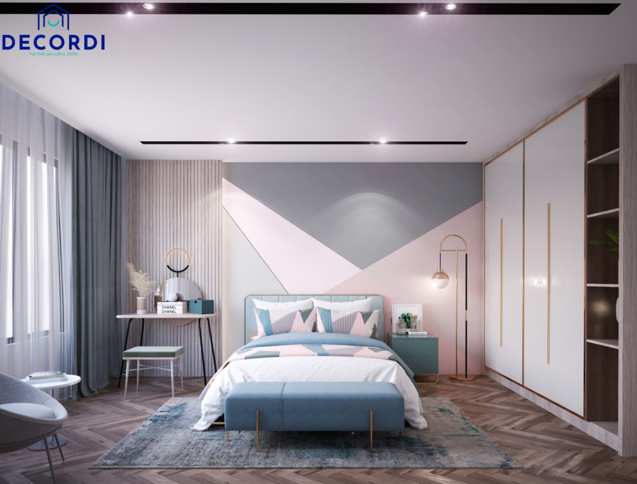 Phòng ngủ ấn tượng với cách phối màu độc đáo xanh hồng và nội thất hiện đại
