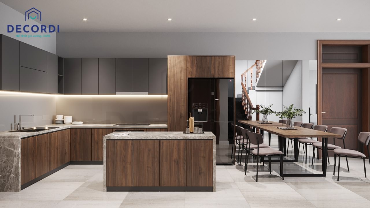 Tủ bếp bằng gỗ công nghiệp tone màu trầm làm nồi bật không gian phòng bếp sang trọng