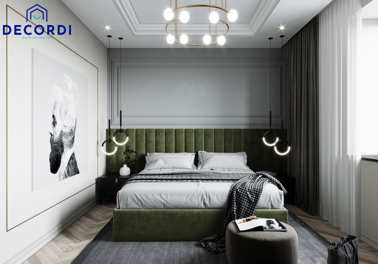 Căn phòng ngủ master 10m2 với đầy đủ nội thất tiện nghi, màu xanh lục làm điểm nhấn kết hợp màu trắng chủ đạo đem đến sự hài hòa cho không gian thư thái