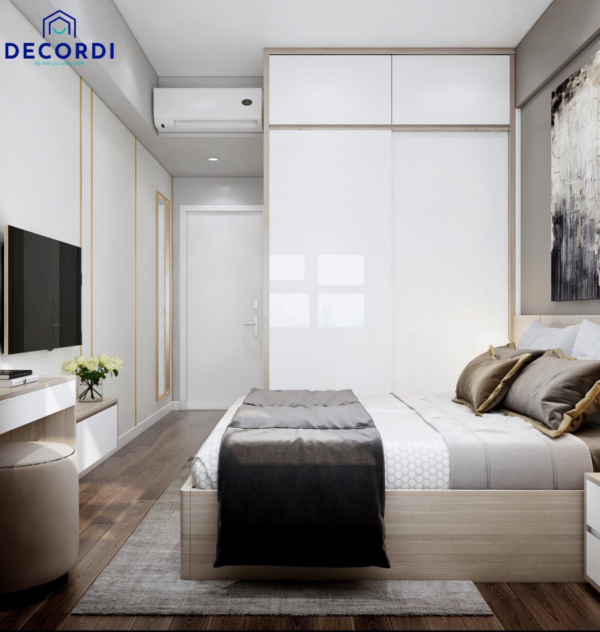 Không gian nội thất phòng ngủ hiện đại với gam màu trung tính