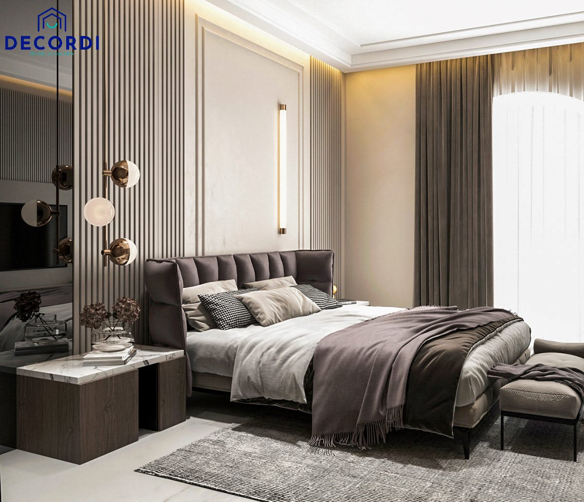 Phòng ngủ master cho căn hộ chung cư 100m2 mang phong cách hiện đại, mang nhứng món đồ decor sang trọng