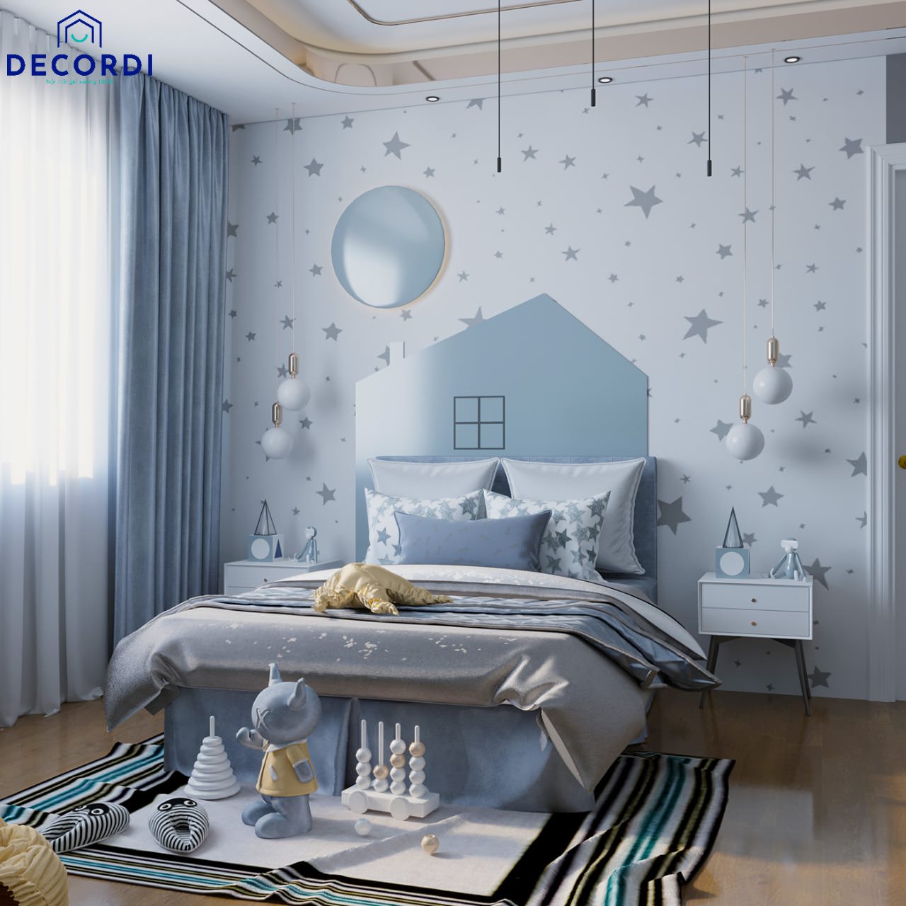 Mẫu phòng ngủ với tone màu xanh được thiết kế tiện nghi và hiện đại cho bé gái