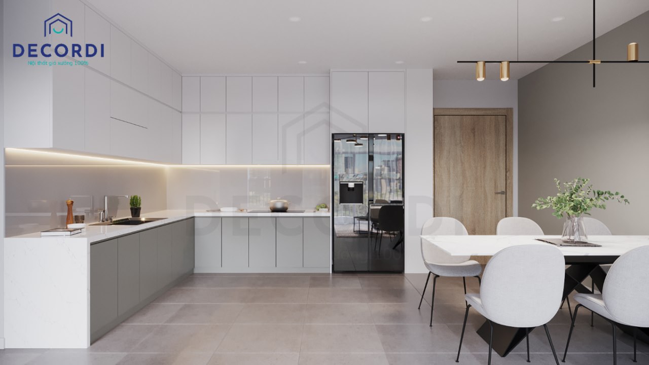 Thiết kế bếp nhà chung cư với tủ bếp tông trắng nền nã tăng sự sạch sẽ