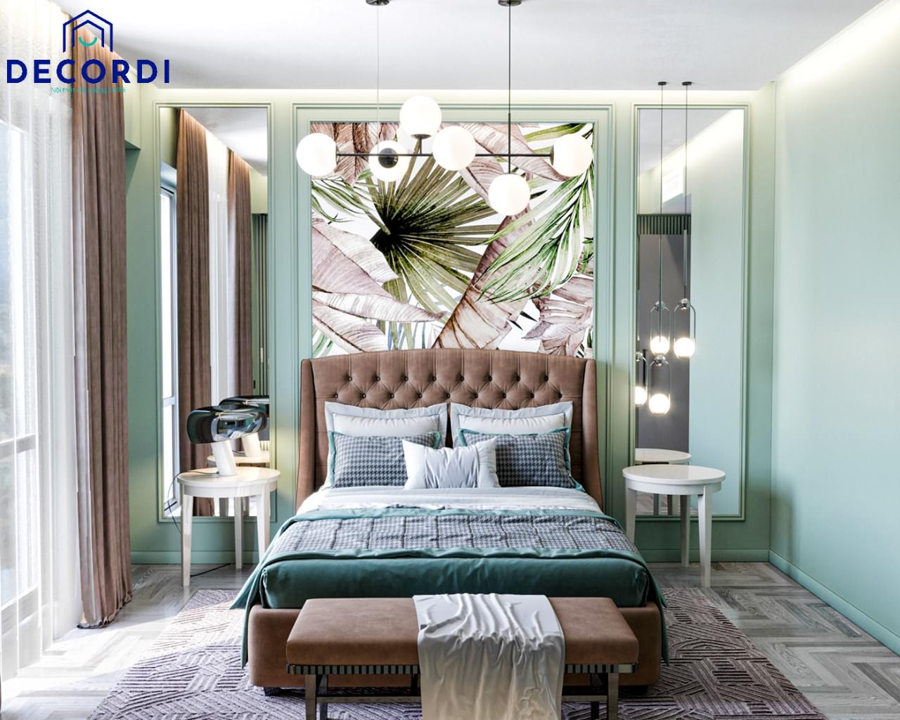 Không gian nội thất phòng ngủ đẹp cho nữ màu xanh ngọc sang trọng cho chung cư