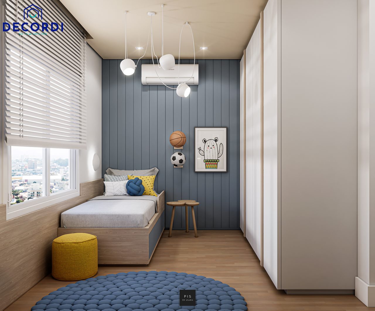 Phòng ngủ bé trai đơn giản kết hợp nội thất màu xanh dương làm điểm nhấn