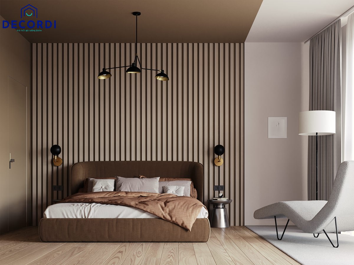 Điểm nhấn phòng ngủ từ vách ốp tường lam gỗ độc đáo, cả không gian vô cùng ấm cúng