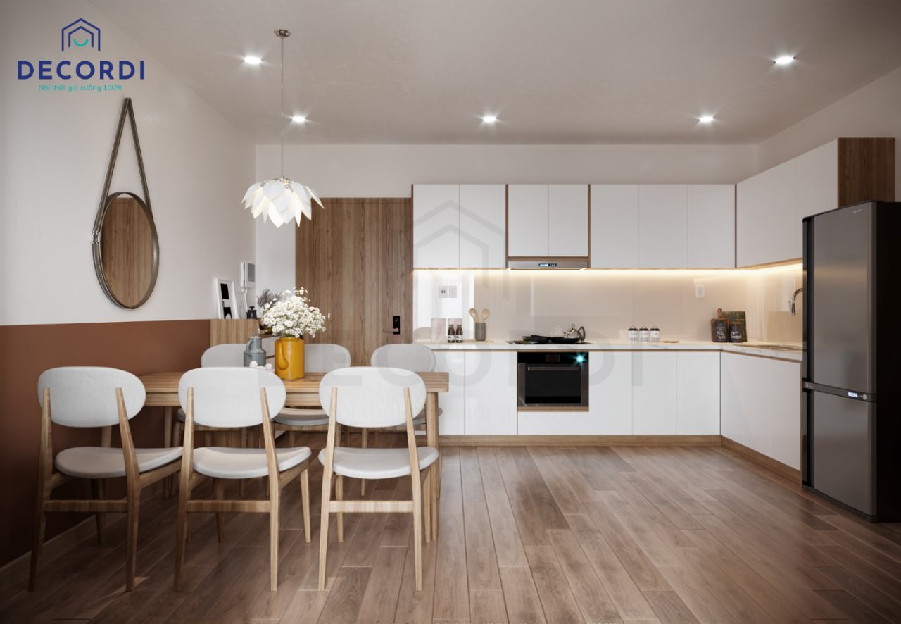 Thiết kế nội thất nhà bếp chung cư với chất liệu gỗ công nghiệp hiện đại nhẹ nhàng