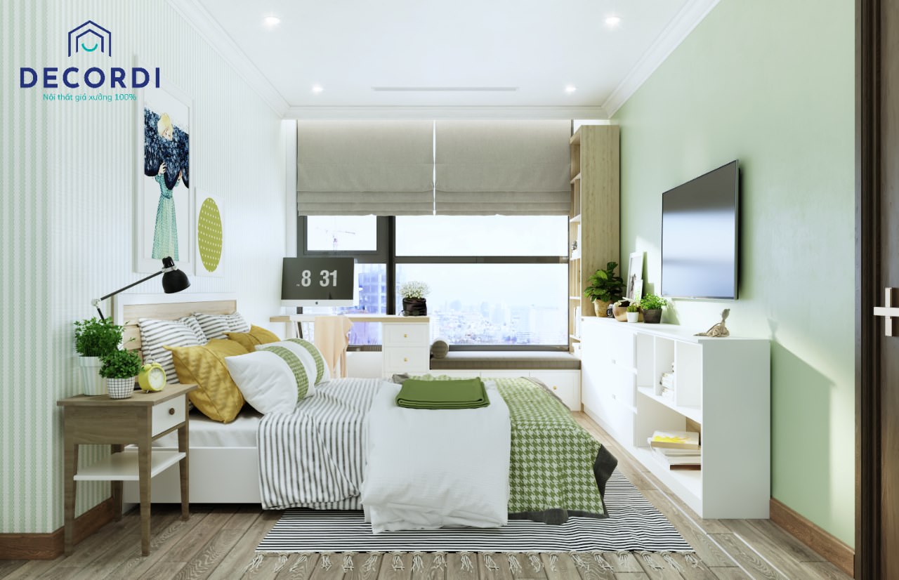 Những mẫu thiết kế nội thất căn hộ chung cư 70m2 đẹp sang trọng nhất 7 khong gian phong ngu xanh la