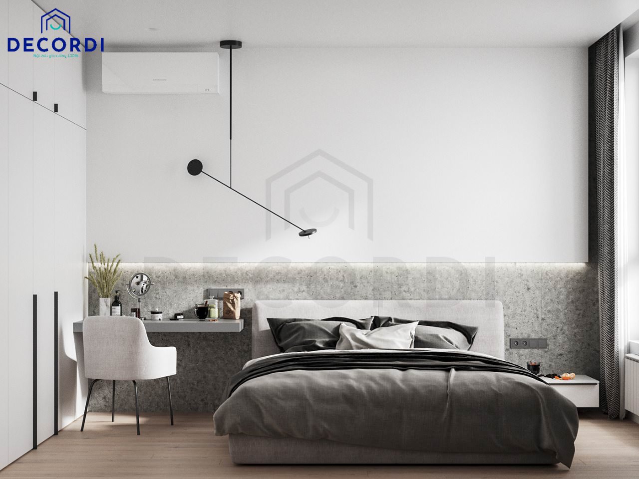 Không gian phòng ngủ theo phong cách tối giản, màu xám phối trắng nhẹ nhàng