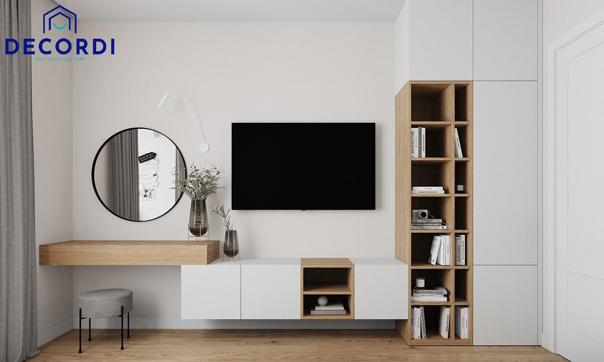 Top 7+ mẫu thiết kế nội thất chung cư 45m2 hiện đại - tiện nghi 7. Thiet ke ke tivi noi lien ban trang diem 1