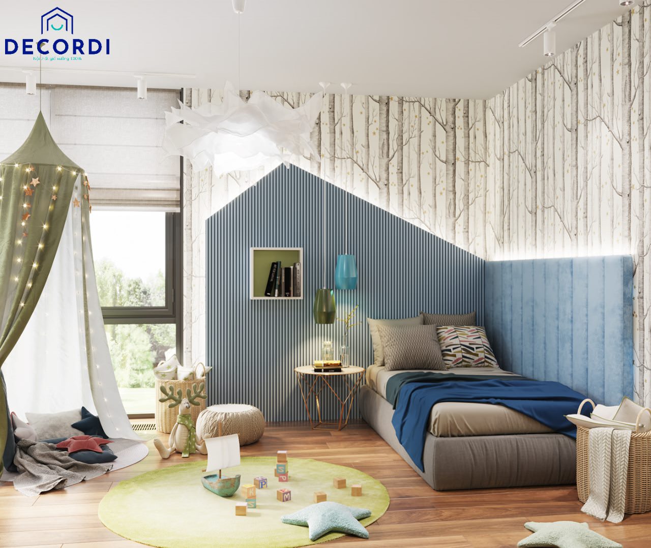 Phòng ngủ với tone màu xanh chủ đạo được thiết kế vô cùng dễ thương cho bé với nhiều góc chức năng khác nhau
