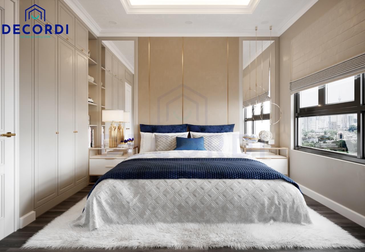 Phòng ngủ master vợ chồng với tông màu trắng sang trọng kết hợp với các chất liệu cao cấp