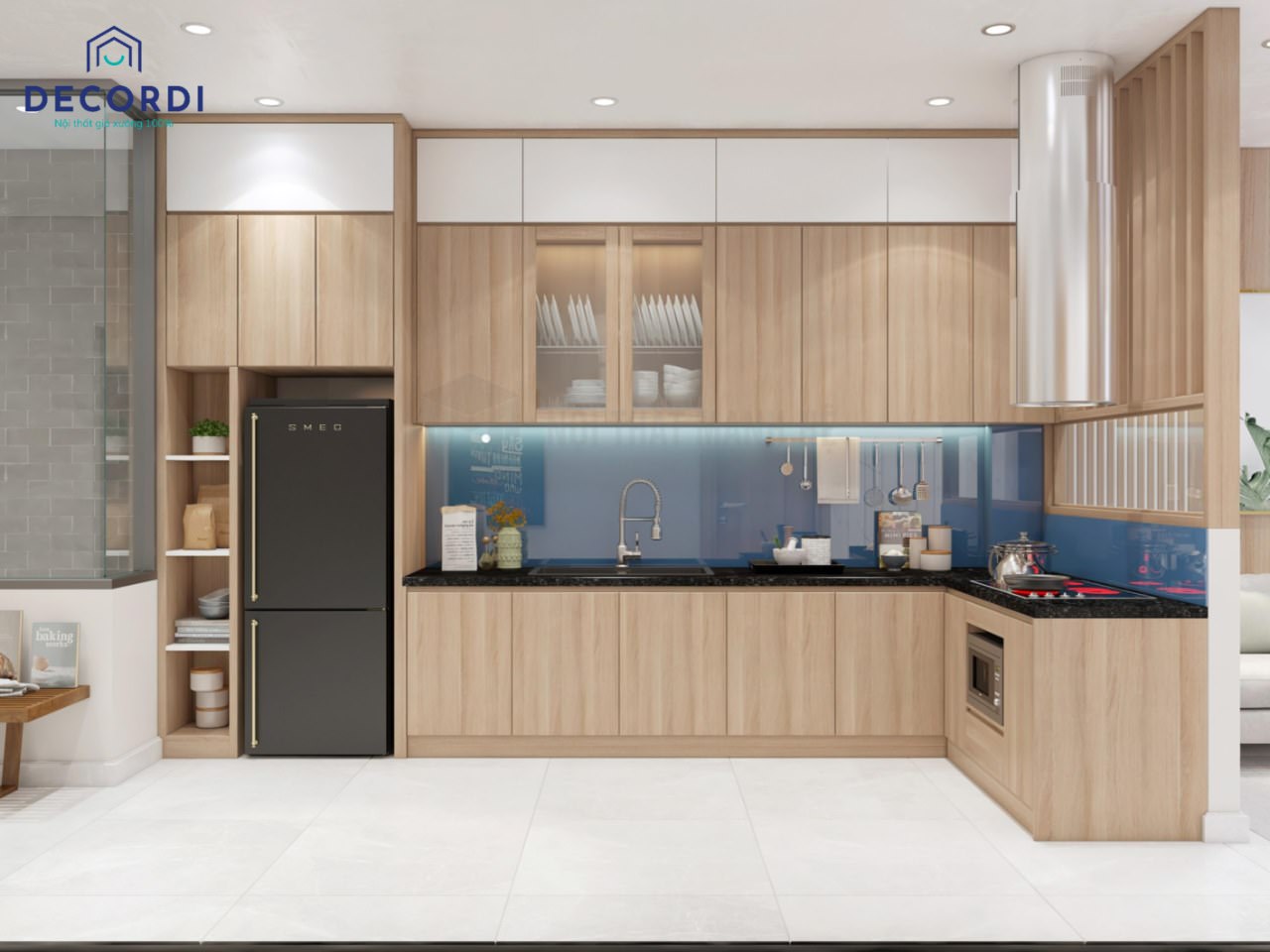 Thiết kế phòng bếp chung cư đẹp chữ L có ngăn chứa tủ lạnh