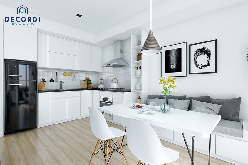 Phòng bếp chung cư màu trắng đem đến không gian thoáng đãng