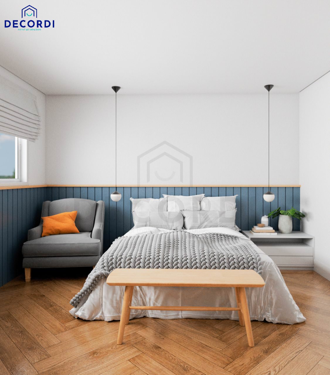 Thiết kế phòng ngủ đẹp với gam màu xanh trắng