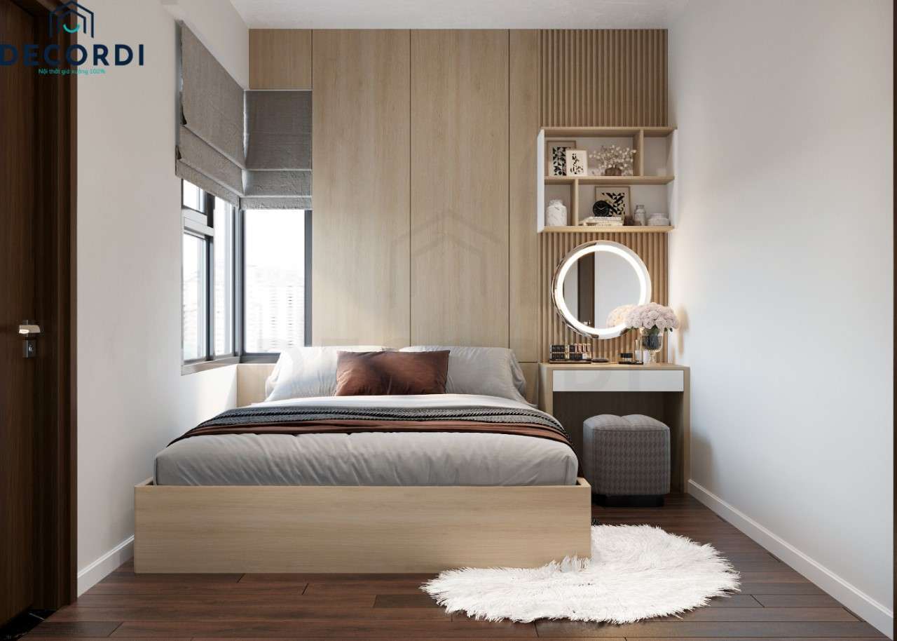 Thiết kế nội thất phòng ngủ hiện đại đơn giản nhưng vô cùng ấm cúng khi sử dụng vách ốp gỗ công nghiệp