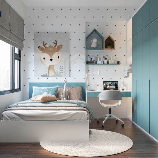 Phòng ngủ cho bé sử dụng gma màu xanh phối cùng giấy dán tường ngôi sao vô cùng sinh động