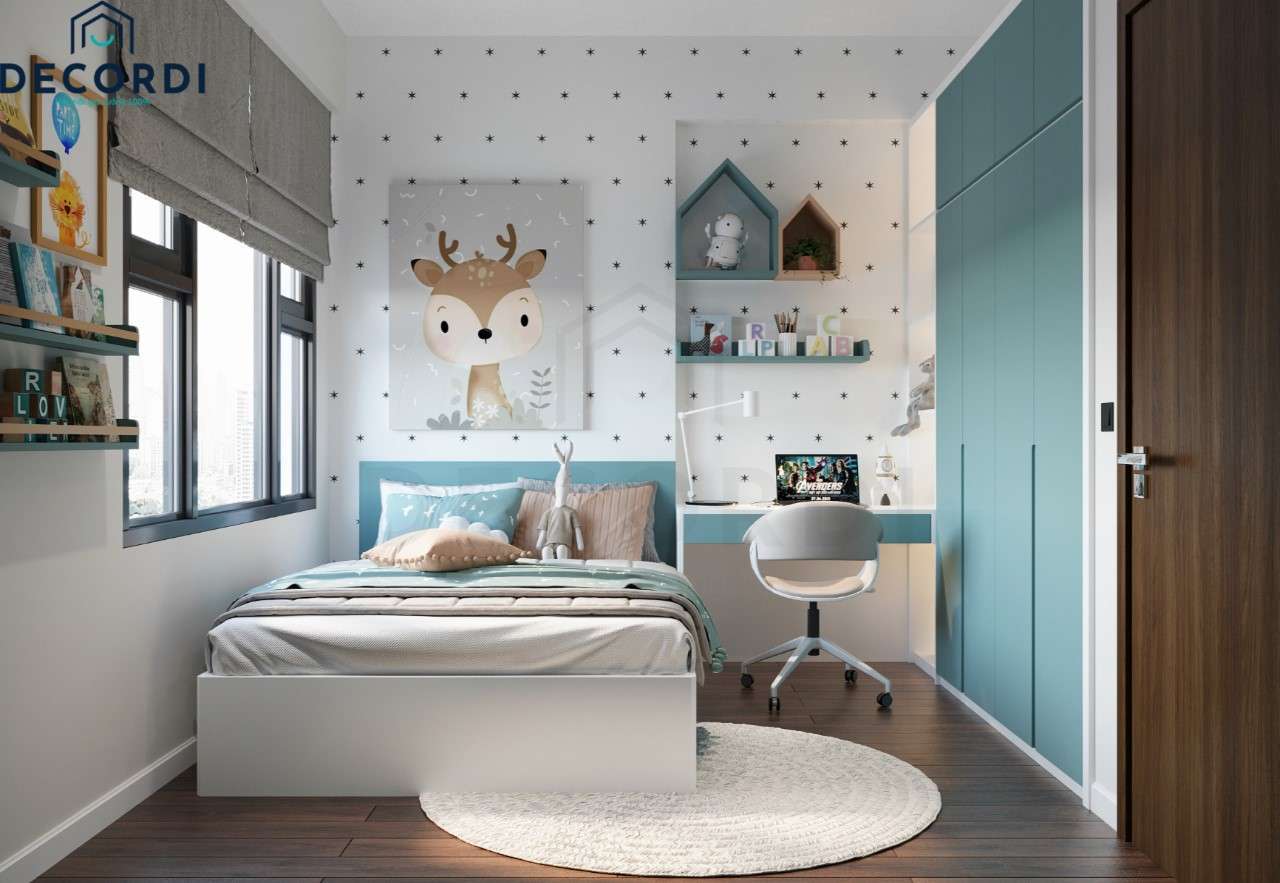 Phòng ngủ cho bé sử dụng gma màu xanh phối cùng giấy dán tường ngôi sao vô cùng sinh động