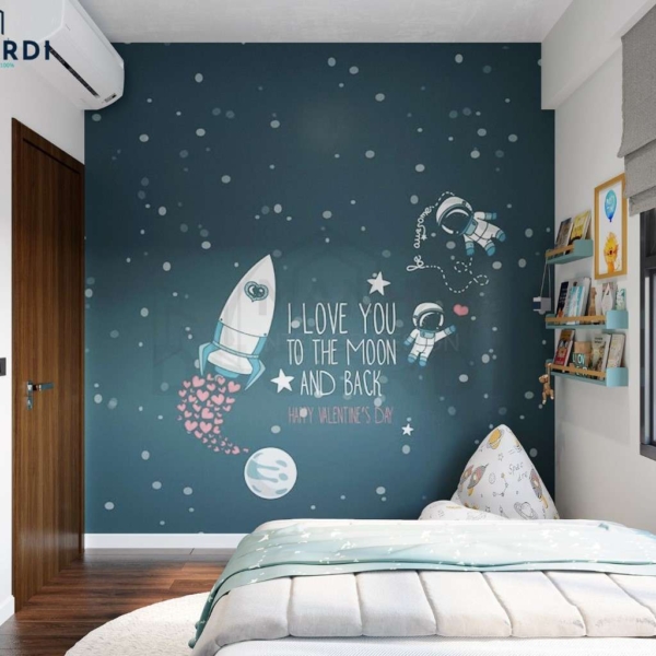 Tường phòng ngủ sử dụng giayá dán tường hình vũ trụ nhấn vô cùng độc đáo, mang đến cho bé trải nghiệm trân thực nhất