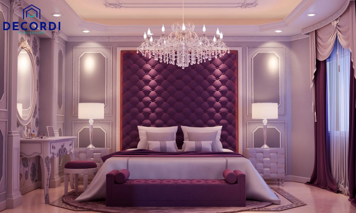 Phòng ngủ gam màu tím sang trọng và lãng mạn với nội thất tiện nghi cho vợ chồng có một không gian riêng lí tưởng