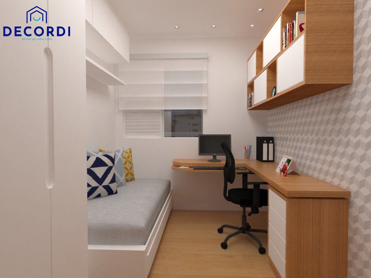 Sử dụng kệ treo tường đa năng khi thiết kế phòng ngủ dài hẹp