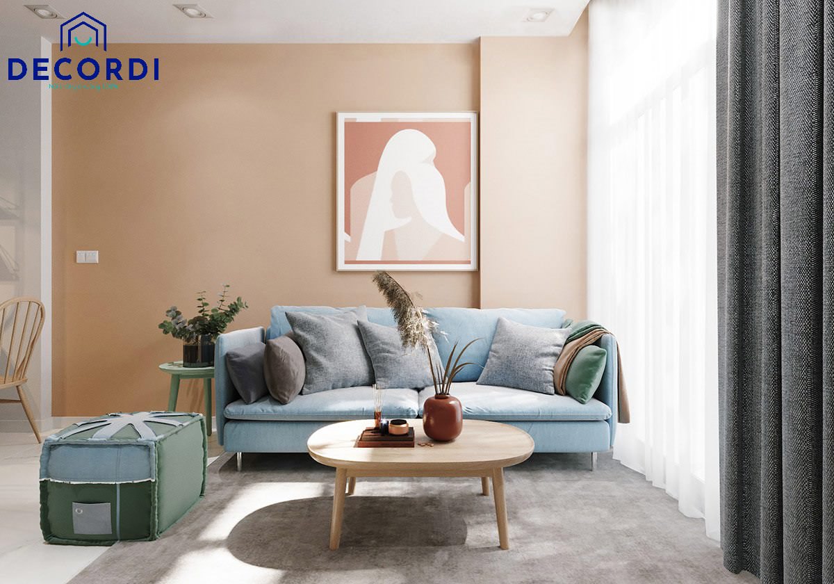 Thiết kế phòng khách với bộ sofa gam màu xanh pastel xinh xắn