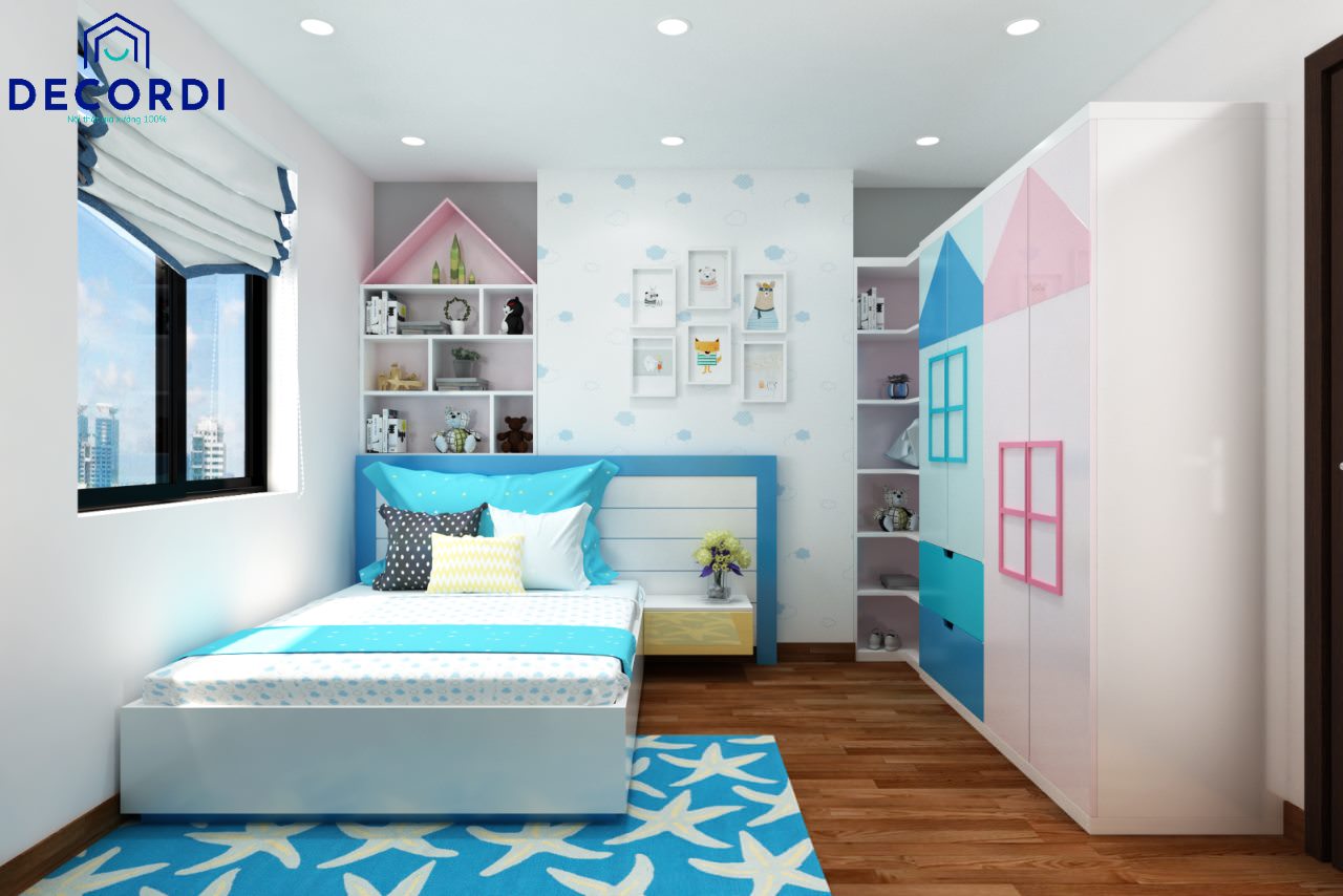 Nội thất phòng ngủ màu hồng xanh với tạo hình dễ thương cho bé gái