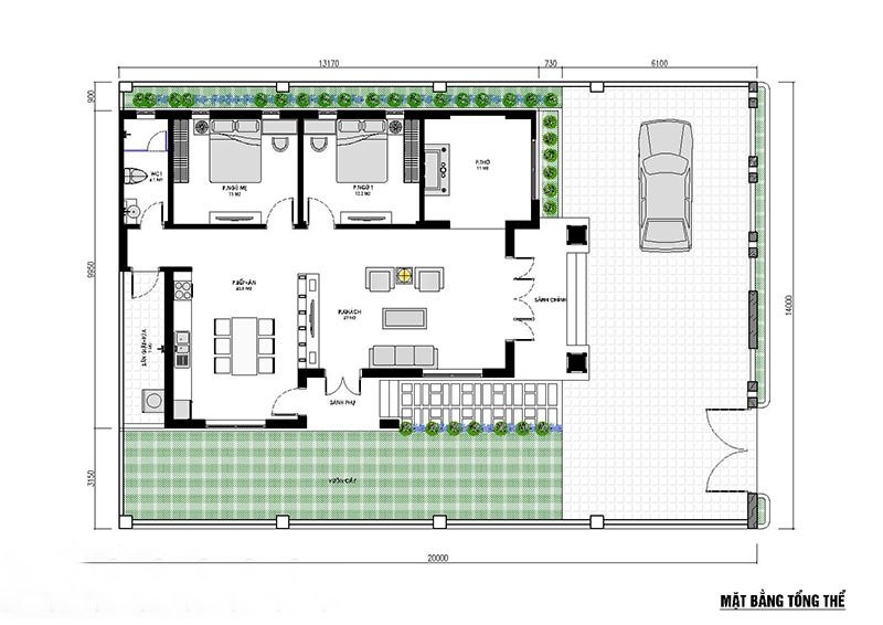 Mẫu bản vẽ nhà phố với diện tích sử dụng bên trong là 40m2 cho 2 phòng ngủ cùng khu vực sân rộng rãi đỗ xe hơi