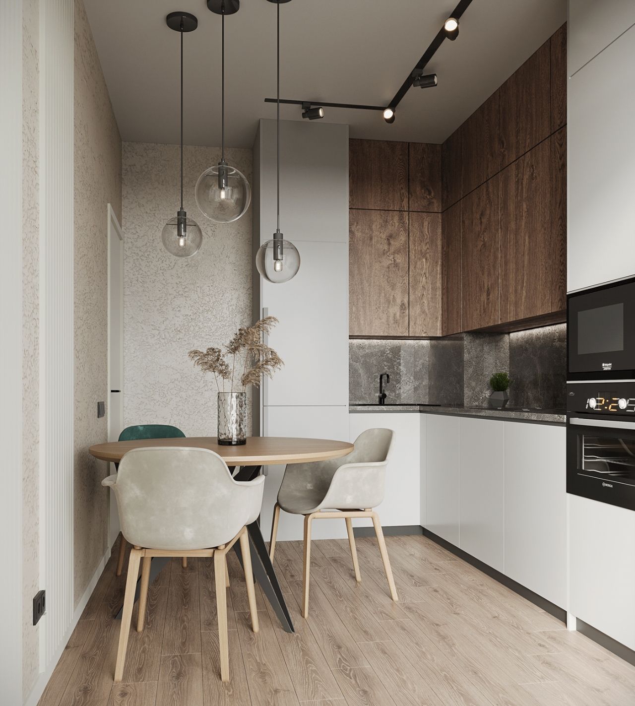 Thiết kế phòng bếp căn hộ chung cư nhỏ màu trắng - gỗ hiện đại