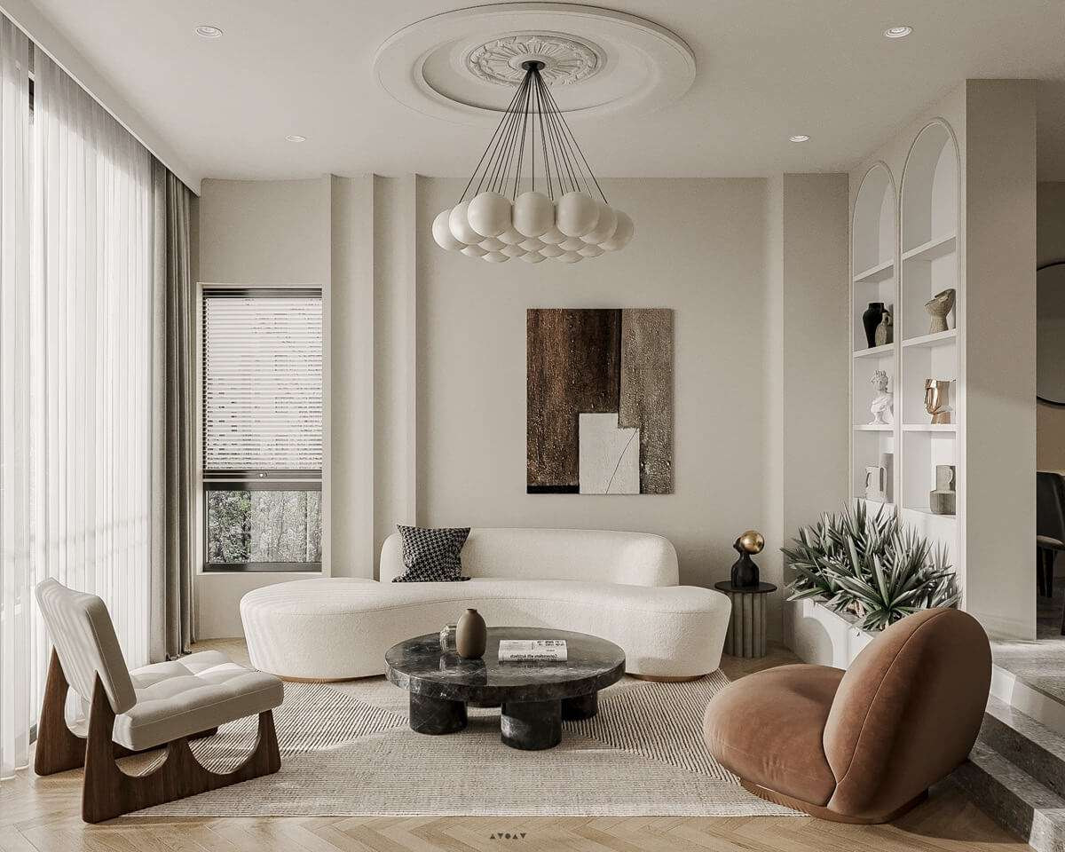 Phòng khách chung cư phong cách tối giản với tông màu trắng làm chủ đạo, đi kèm với điểm nhấn từ bộ sofa