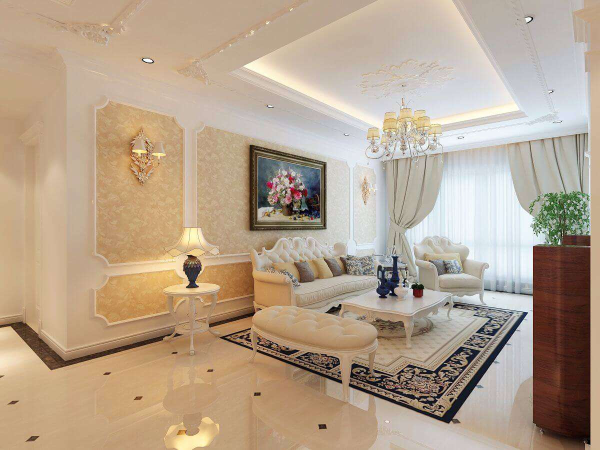 Nội thất phòng khách nhà ống 4m phong cách cổ điển tông trắng tinh tế 